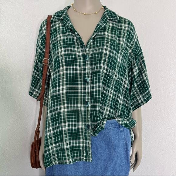 Vintage Plaid Green White Button Front Shirt Cottagecore Prep Size 18 - Picture 1 of 8